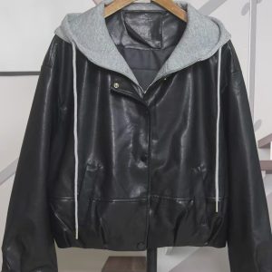 کت چرم زنانه کلاه‌دار طرح دولایه کد 4850 - تصویر 3