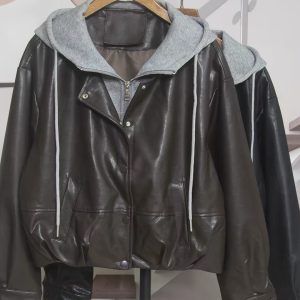 کت چرم زنانه کلاه‌دار طرح دولایه کد 4850 - تصویر 2