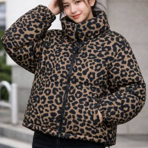 کاپشن پفکی زنانه پلنگی یقه ایستاده کد 4835